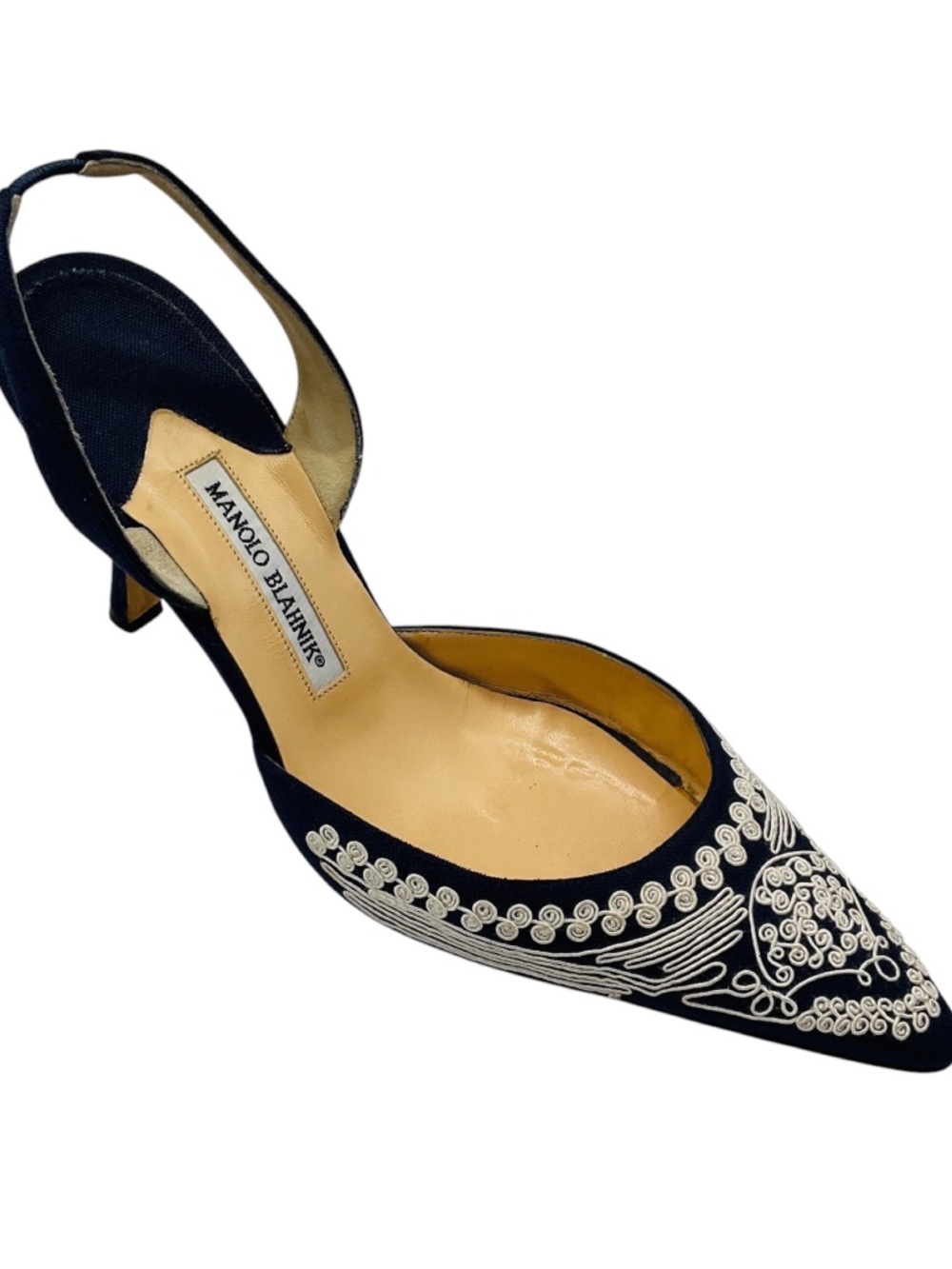 MANOLO BLAHNIK NAVY BLUE / WHITE EMBROIDERED LINEN SLINGBACK PUMPS